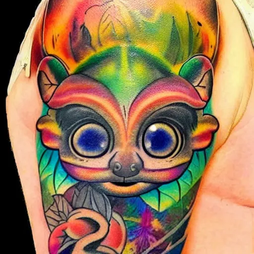 Image similar to shoulder tattoo of a multicolored hallucinogenic cute bush baby, eyes are colorful spirals, surrounded with colorful magic mushrooms and rainbowcolored marihuana leaves, insanely integrate