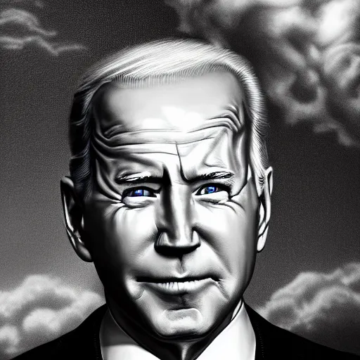 Prompt: ominous portrait of joe biden with glowing eyes, dramatic storm clouds, high contrast