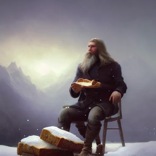 Prompt: epic portrait an male viking eating loaf of bread, winter, blizzardy weather, mountains backround, long blonde beard, snowy hair, broad light, ambient occlusion, volumetric light effect, made by ivan aivazovsky, peter mohrbacher, greg rutkowski, matte painting, trending on artstation, 4 k, perfectly defined features, digital painting,