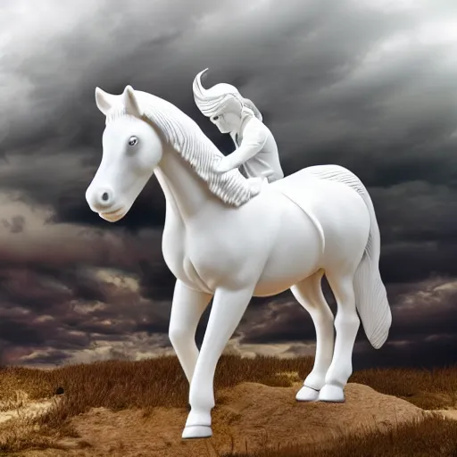 Image similar to Donald Trump riding a white horse, wide lens, diorama, 4k,