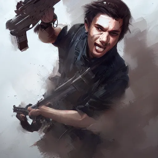 Image similar to tommy k from youtube holding a weapon by greg rutkowski