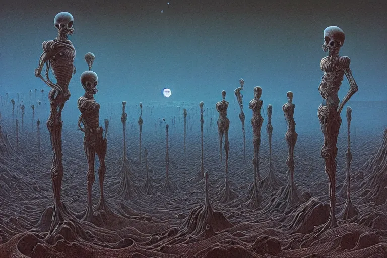 Image similar to a surreal and awe - inspiring science fiction landscape, skull - shaped moon, intricate, elegant, highly detailed matte painting by beksinski and simon stalenhag