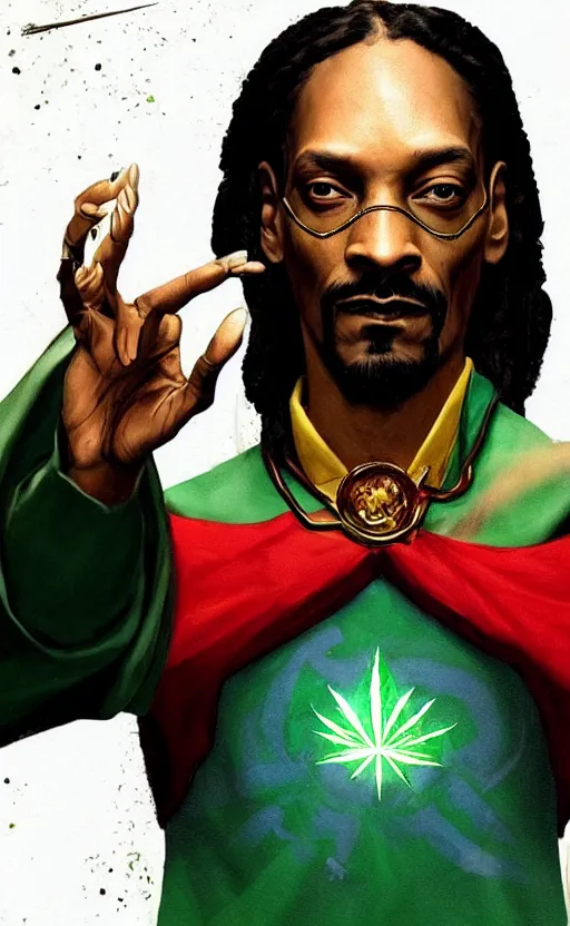 Image similar to snoop dogg as doctor strange, long shadow, green colors, marijuana leaves, marijuana, by greg rutkowski, artstation