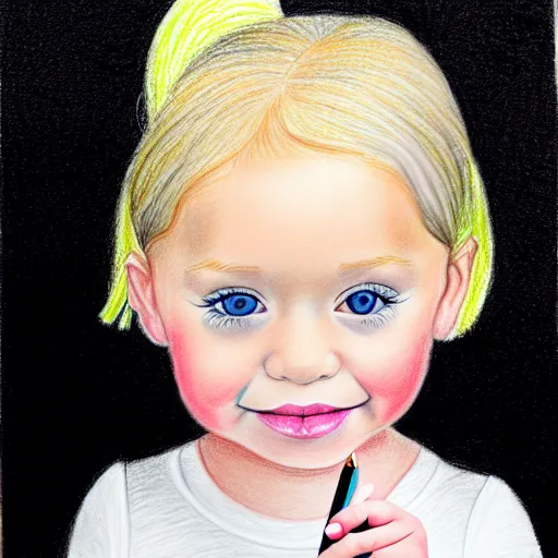 Image similar to 4 year old blonde girl with iphone colored pencil on white background by eloise wilkin