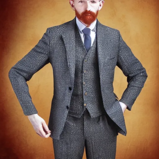 Image similar to a 3 piece suit designed by Vincent Van Gogh, Realistic Photo, Advertising photography