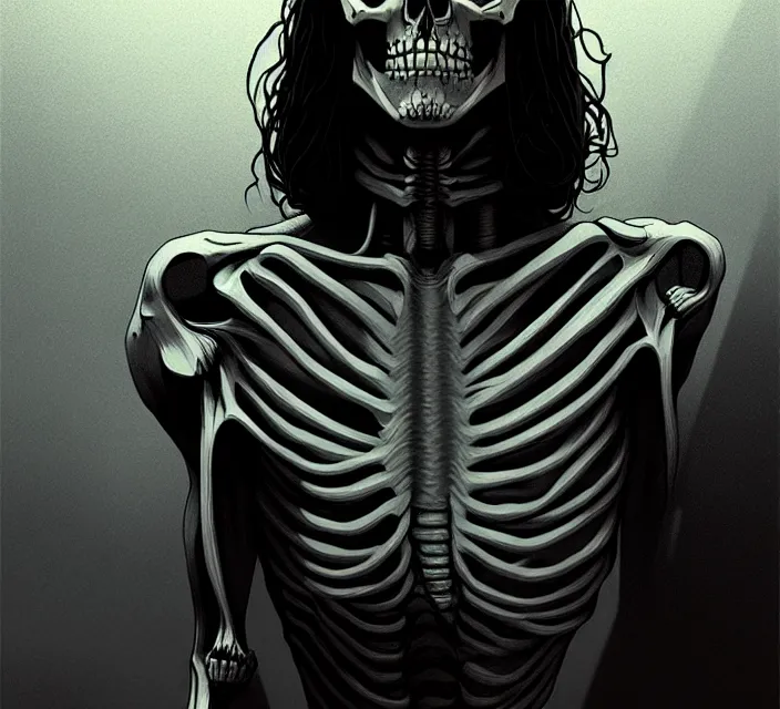 Image similar to skeleton jesus, noir, sharp focus, intricate, illustration, cell shaded, digital painting, highly detailed, matte, art by ilya kuvshinov, wlop, greg rutkowski, reflections, studio quality, james jean, artem demura