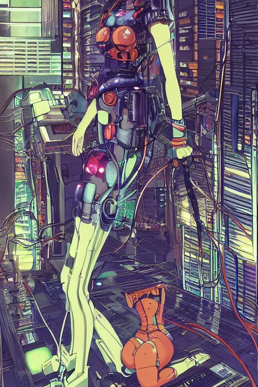 Image similar to awe inspiring cyberpunk anime style illustration of a. female android seated on the floor in a tech labor, seen from the side with her back open showing a cables and wires coming out, by masamune shirow and katsuhiro otomo, japan, 1980s, dark, colorful