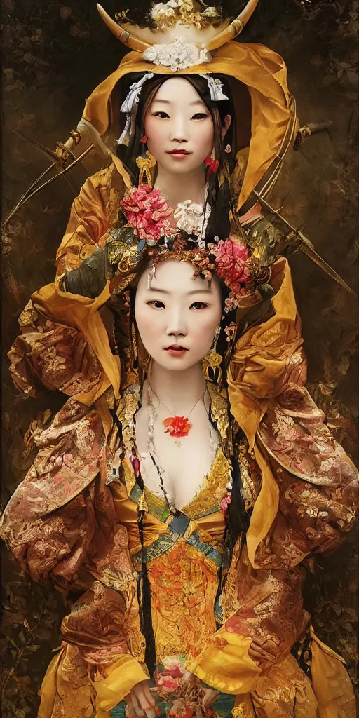 Image similar to Highly detailed and cinematic romantic period oil painting of the Chinese pirate queen Zheng Yi Sao, strong atmosphere, oil painting masterpiece by Josep Tapiró Baró, symmetry, fractals