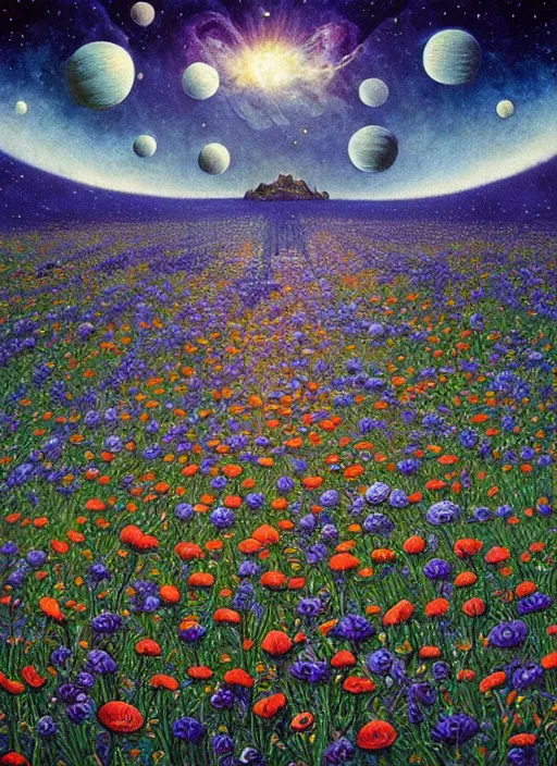 Image similar to detailed, intricate blue black and purple papaverum flower on the field, nebula, galaxy in the sky, winning award masterpiece, fantastically beautiful, illustration, aestheticly inspired, jacek yerka, upscale with anguissola sofonisba work, artstation, 8 k