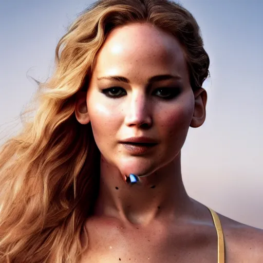 Prompt: jennifer lawrence still, natural light failling on her face, backlingtning, golden hour, fujifilm x - pro 2, by annie leibowitz