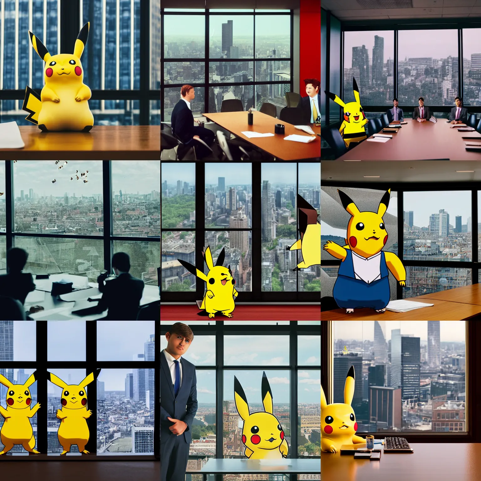 Prompt: pikachu in business suit doing a presentation for squirrels sitting at a business table, city view through the window in the background, full format film, highly detailed photography