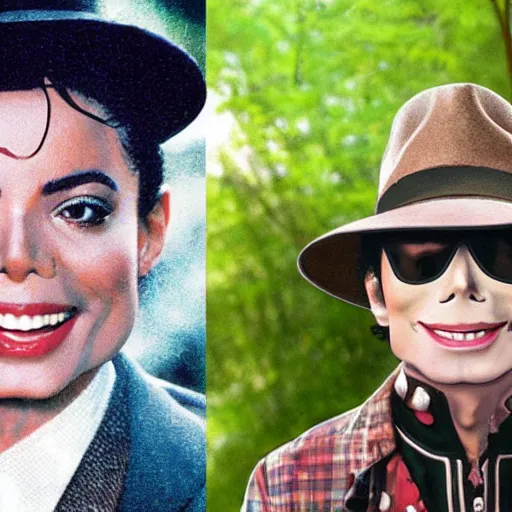 Image similar to trail cam footage of michael jackson and peewee herman,