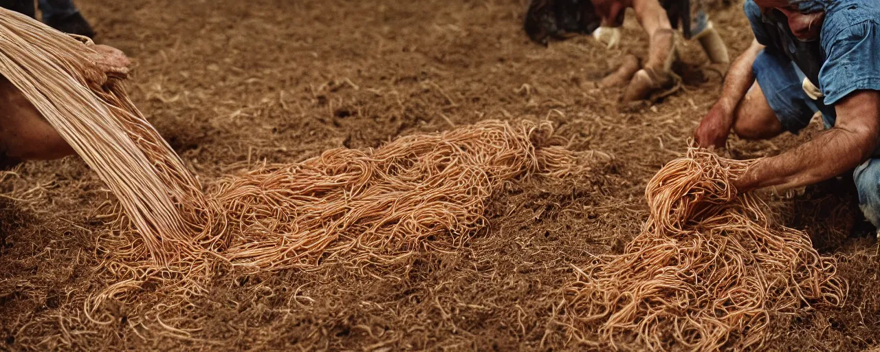Image similar to tight angle of harvesting ripe spaghetti out of the dirt on the farm, small details, intricate, canon 5 0 mm, high detail, intricate, cinematic lighting, photography, wes anderson, film, kodachrome