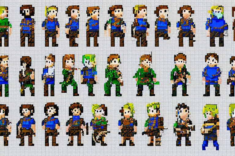 Image similar to pixel art link in the style of breath of the wild. sprite sheet, character design # pixelart