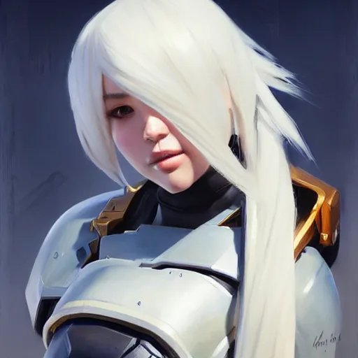 Prompt: greg manchess portrait painting of a 2 yorha type a no. 2 as overwatch character, white long hair, organic painting, sunny day, matte painting, bold shapes, hard edges, street art, trending on artstation, by huang guangjian and gil elvgren and sachin teng