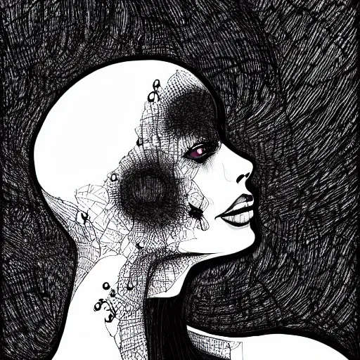 Image similar to woman who is also a horrible black spider, detailed ink art, 4k