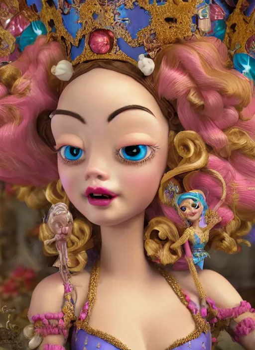 Prompt: closeup face profile portrait of a tin toy fairytale princess wearing a crown eating cakes in the castle, bikini, depth of field, zeiss lens, fashion photoshoot, by nicoletta ceccoli, mark ryden, lostfish, dan decarlo, bob clampett, max fleischer, breathtaking, detailed, hyperrealistic, octane render