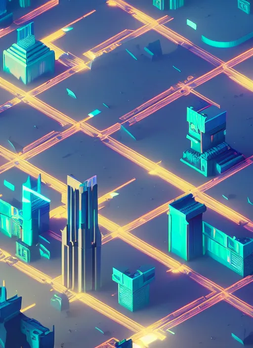 Prompt: a low poly isometric render of a cyberpunk city in the style of monument valley, intricate, elegant, smooth shading, soft lighting, illustration, simple, solid shapes, by magali villeneuve, jeremy lipkin and michael garmash, rob rey and kentaro miura style, octane render, zaha hadid