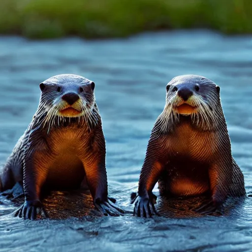 Image similar to otters holding hands into the sunset dream 8k award winning masterpiece