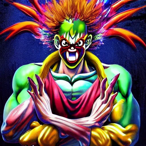 Image similar to 4K headshot of godlike clown with defined arms and open hands and bloody clothes with giant mandala wings , intricate face , flawless anime cel animation by Kentaro Miura, psychedelic , Broly , highly detailed upper body , professionally post-processed , beautiful, scary, symmetry accurate features, epic, octane rendered, anime masterpiece, accurate