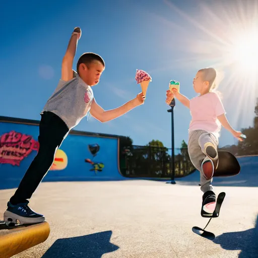 Image similar to a man kicking an ice cream cone out of a child's hand in a skate park, sunny day, sun flare.