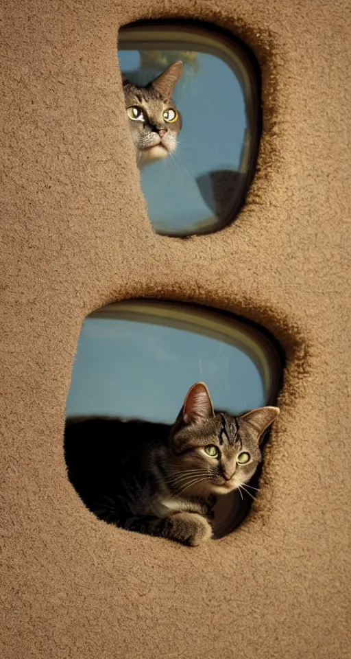 Prompt: cat watching a martian landscape from inside a window, photo