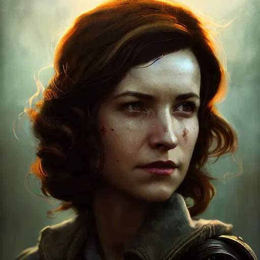 Image similar to fallout 5, charismatic brunette female protagonist, portrait, atmospheric lighting, painted, intricate, volumetric lighting, beautiful, daytime, sunny weather, slight overcast, sharp focus, deep colours, ultra detailed, by leesha hannigan, ross tran, thierry doizon, kai carpenter, ignacio fernandez rios