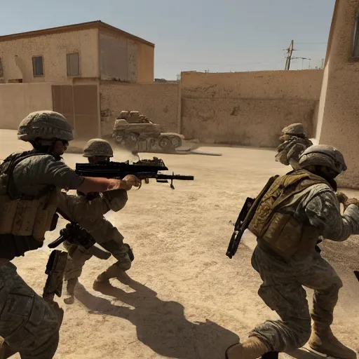 Prompt: Photo of a US Army platoon fighting terrorists on the Dust 2 real-life map, very high quality, hyper realistic 4k