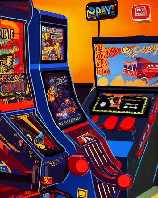 Prompt: arcade start screen. retro technology, vintage colors and shapes, wayne barlow, oil on canvas, deep depth of field, masterpiece, cinematic composition, hyperdetailed
