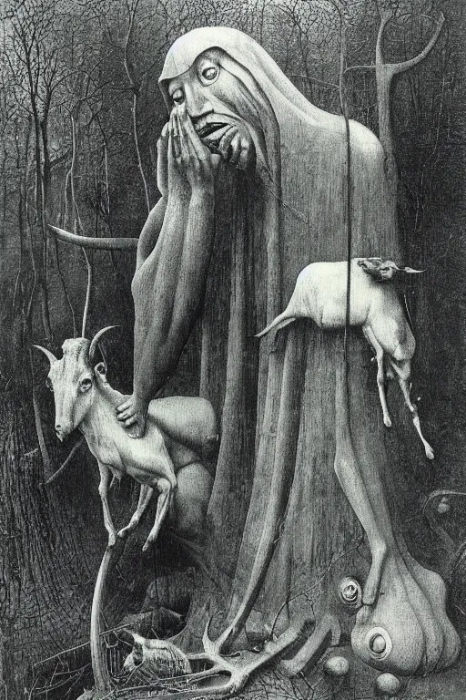 Image similar to zdzisław beksinski hieronymus bosch man with a goat head in the woods