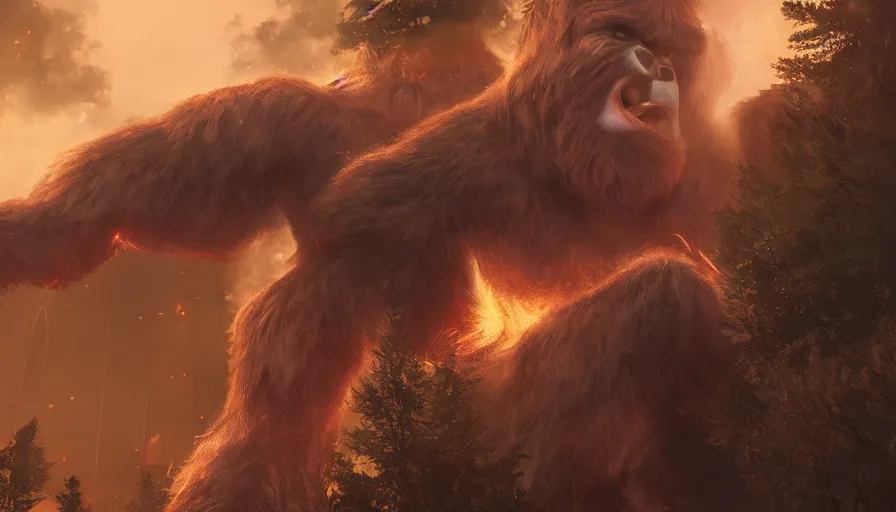 Image similar to giant bigfoot destroying washington dc, fire, hyperdetailed, artstation, cgsociety, 8 k