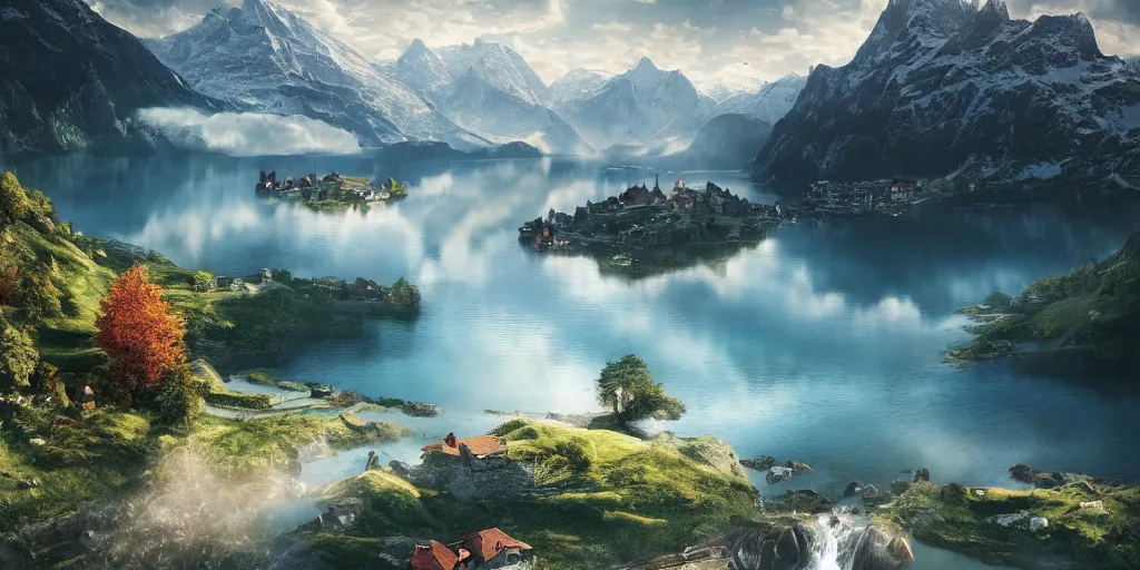 Image similar to beautiful switzerland landscape, environment, lake, film, dramatic, cinematic, highly detailed, mid day, large scale, hyperrealistic, realistic lighting, octane render, by wlop, artgerm, trending on artstation hd, 8 k, clear, sharp