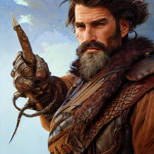 Image similar to portrait of a ruggedly handsome ranger, coherent hands, muscular, full body, leather, hairy, d & d, fantasy, intricate, elegant, highly detailed, digital painting, artstation, concept art, smooth, sharp focus, illustration, art by artgerm and greg rutkowski and alphonse mucha