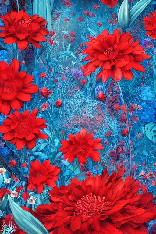 Prompt: beautiful digital matte painting of whimsical botanical illustration red and blue flowers enchanted dark background dark contrast by android jones, dollpunk