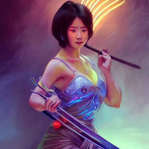 Prompt: character portrait Painting of an Asian woman wielding a katana, upper body, neon lighting, glow ambient lighting, intricate, wild, highly detailed, digital painting, artstation, concept art, smooth, sharp focus, illustration, art by artgerm and greg rutkowski and alphonse mucha