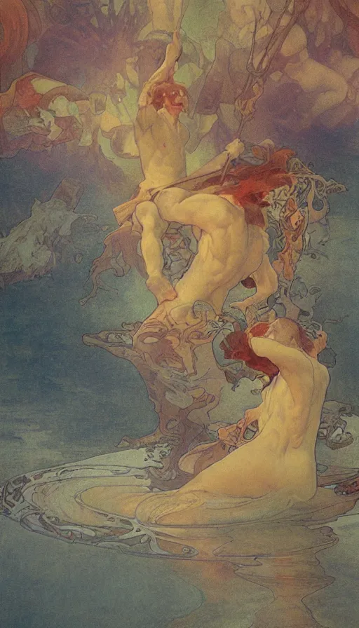 Prompt: man on boat crossing a body of water in hell with creatures in the water, sea of souls, by alfons maria mucha