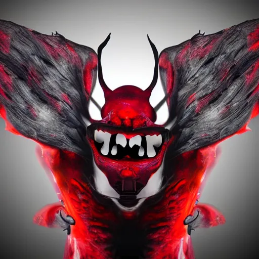 Image similar to abstract black demon red eyes red mouth, wings,, 8 k, high quality, highly realistic photo realistic