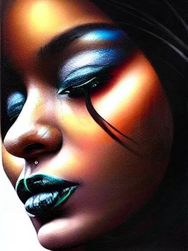 Image similar to portrait of a gorgeous black woman with a floral background : : painted by artgerm, karol bak, artur bordalo, sandra chevrier : : portrait, character, illustration, hyperrealism, photorealism