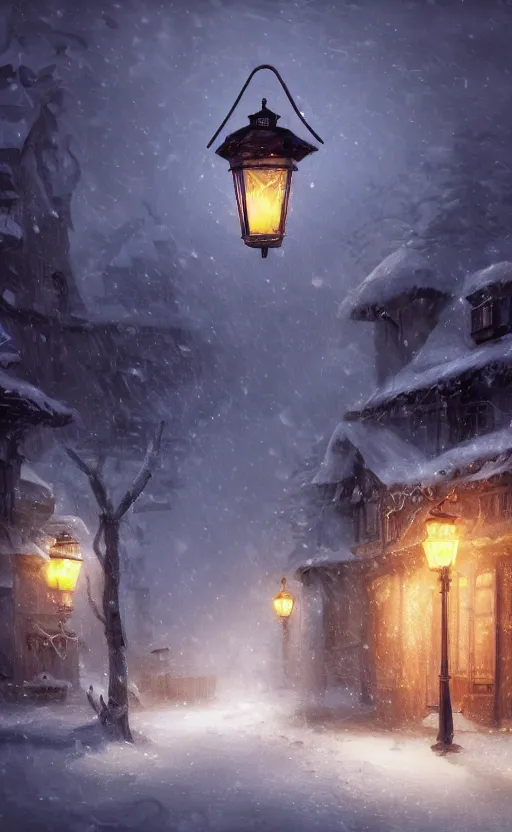 Image similar to a blurry ambient lantern in the distance of a snowy village at night, dynamic lighting, ambient lighting, atmospherical, photorealistic fantasy concept art, trending on art station, stunning visuals, creative, cinematic, ultra detailed