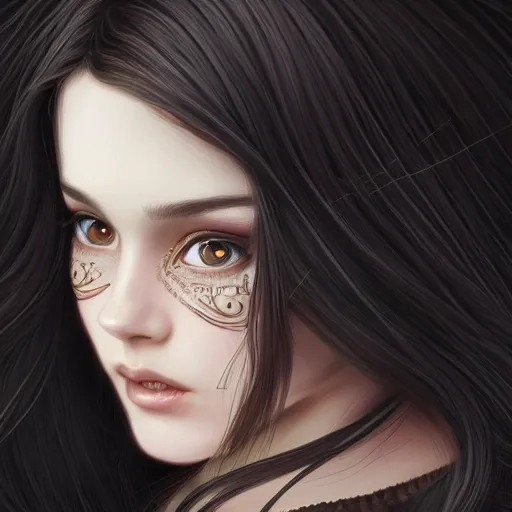 Image similar to teen girl, long black hair, gorgeous round face, brown pollover, amazing, elegant, intricate, highly detailed, digital painting, artstation, concept art, sharp focus, illustration, art by ross tran