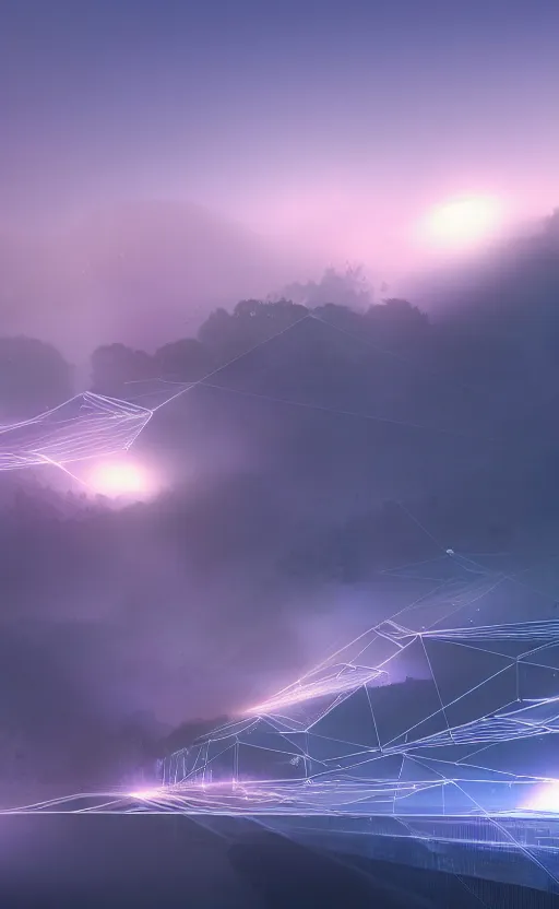 Image similar to the digital uplift framework ascending into the foggy sky at dusk, digital concept art 3 0 2 0 4 k