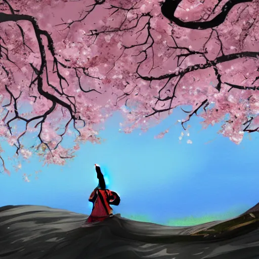 Image similar to A lone samurai watching over a valley of cherry blossom trees, water color painting, concept art, HD —width 1408