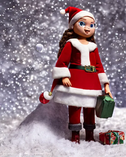 Image similar to highly detailed closeup, portrait of a tin toy santa greta thunberg as hermione granger, bikini, depth of field, fashion photoshoot by nicoletta ceccoli, mark ryden, lostfish, dan decarlo, bob clampett, max fleischer, breathtaking, detailed and intricate snowenvironment, 8 k resolution, hyperrealistic, octane render