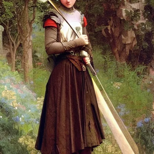 Prompt: annasophia robb in medieval armour, bowl haircut, mucha, bouguereau