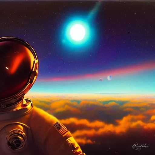 Image similar to cosmic skies in the reflection on an astronaut suit helmet. Vivid colors, soft lighting, atmospheric, cinematic, moody, in the style of Ilya Kuvshinov and Range Murata, Krenz Cushart, rule of thirds, oil on canvas, 8k.