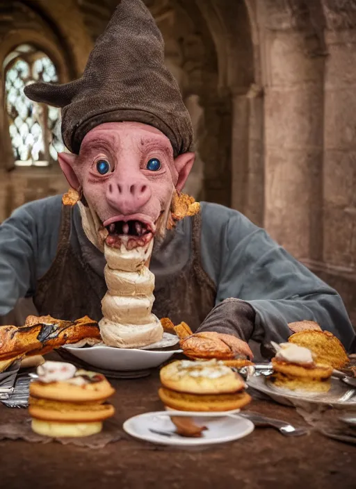 Image similar to closeup portrait of a medieval goblin eating cakes in the cloisters, depth of field, zeiss lens, detailed, symmetrical, centered, fashion photoshoot, by Annie Leibovitz and Steve McCurry, David Lazar, Jimmy Nelsson, Breathtaking, 8k resolution, extremely detailed, beautiful, establishing shot, artistic, hyperrealistic, beautiful face, octane render