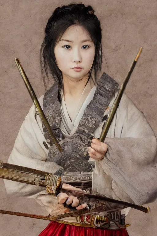 Image similar to highly detailed beautiful photo of a young female samurai, practising sword stances in a temple, symmetrical face, beautiful eyes, realistic anime art style, 8 k, award winning photo, pastels, action photography, 1 / 1 2 5 shutter speed, dramatic lighting