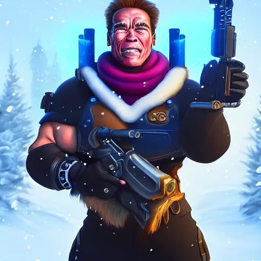 Image similar to a screenshot of arnold schwarzenegger as mei in the snow shooting frost gun in overwatch, portrait, fantasy, beautiful face, vivid colors, elegant, concept art, sharp focus, digital art, hyper - realistic, 4 k, unreal engine, highly detailed, hd, dramatic lighting by brom, trending on artstation