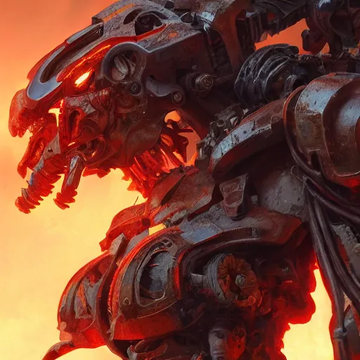 Image similar to an inferno mech from hell, au naturel, hyper detailed, digital art, trending in artstation, cinematic lighting, studio quality, smooth render, unreal engine 5 rendered, octane rendered, art style by klimt and nixeu and ian sprigger and wlop and krenz cushart