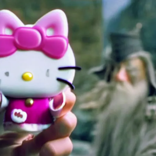 Image similar to portrait of gandalf as Hello Kitty, holding a blank playing card up to the camera, movie still from the lord of the rings